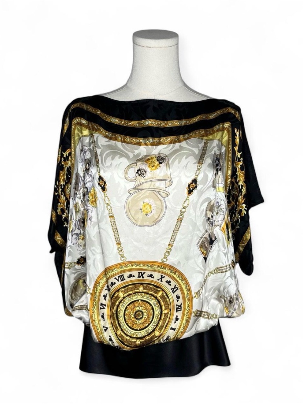 Vintage Cache Baroque Printed 100% Silk Banded Waist Split Sleeve Scarf Top